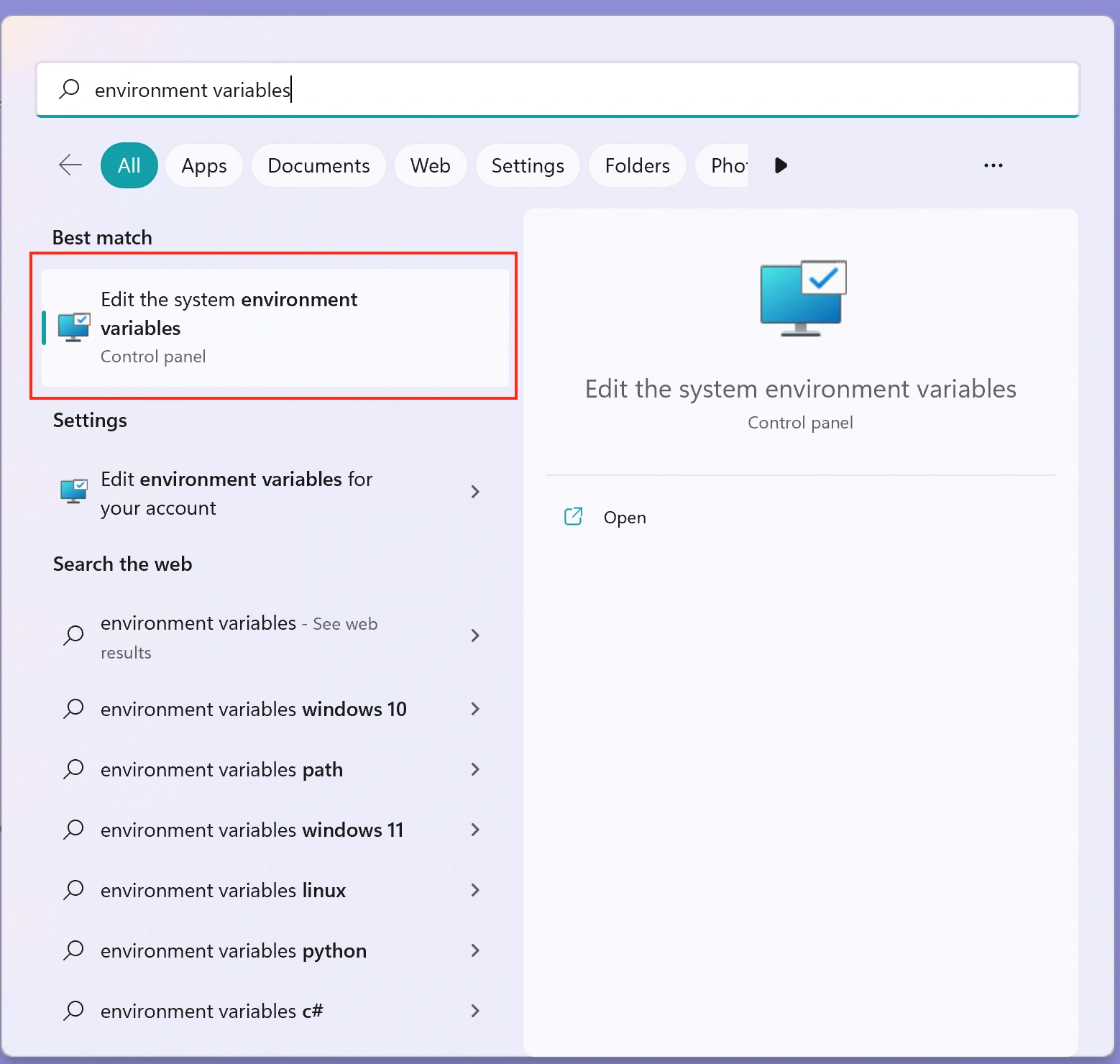 Edit environment variables menu Edit environment variables menu