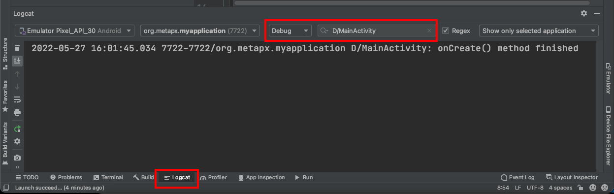 Android Studio Logcat window output Android Studio Logcat window output