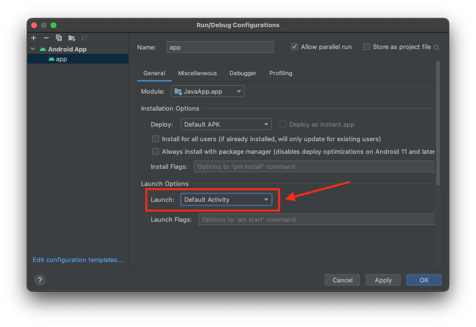 Android Studio set launch to Default Activity Android Studio set launch to Default Activity