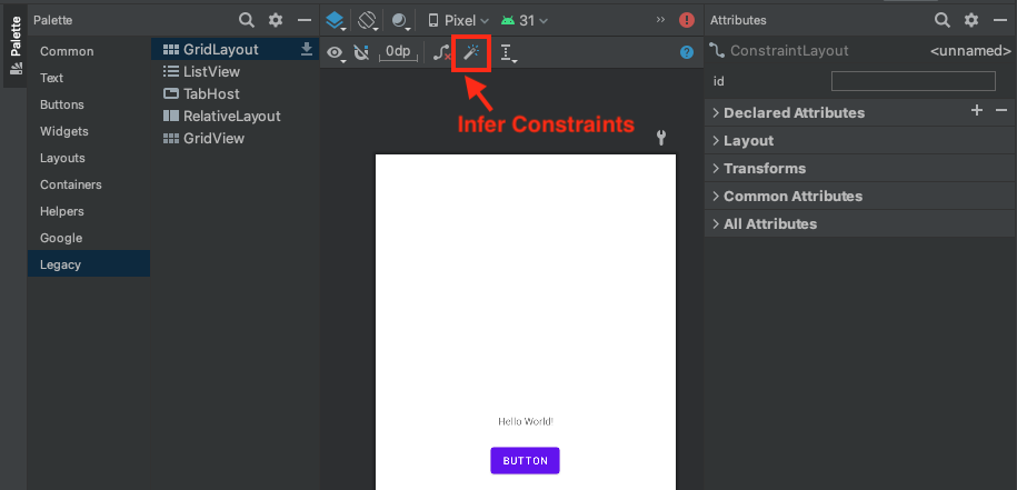 Android Studio Infer Constraints button position Android Studio Infer Constraints button position