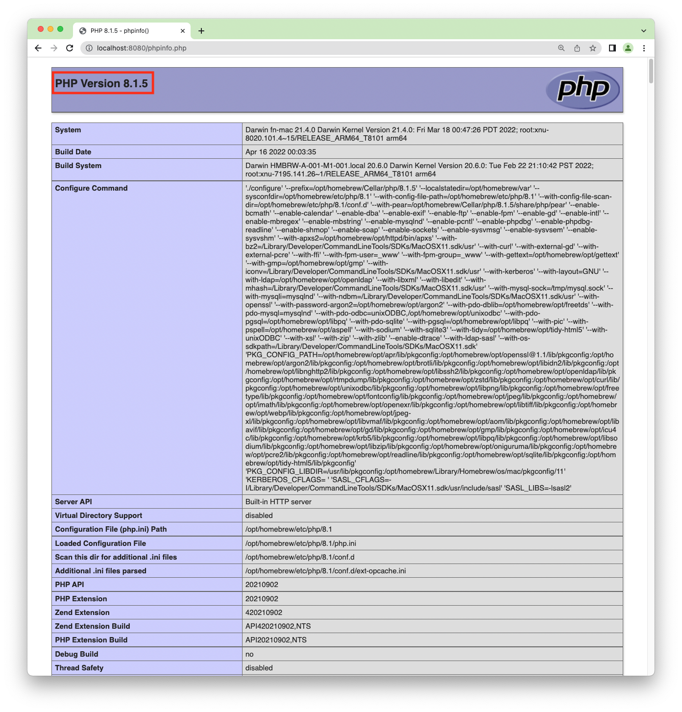 phpinfo() output example phpinfo() output example
