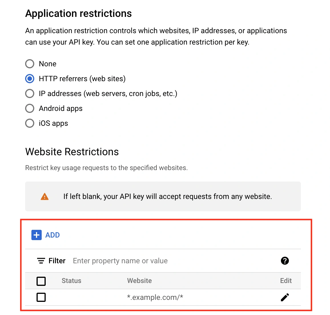 Configure API restriction settings Configure API restriction settings