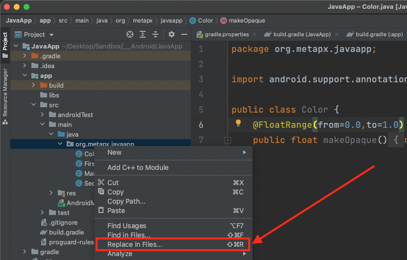 Android Studio replace in files menu Android Studio replace in files menu
