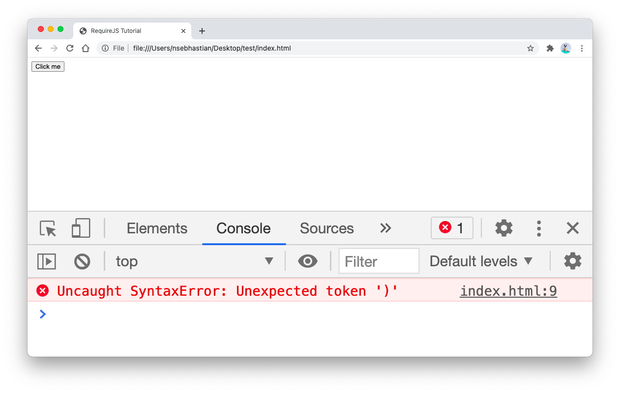JavaScript error on the console JavaScript error on the console