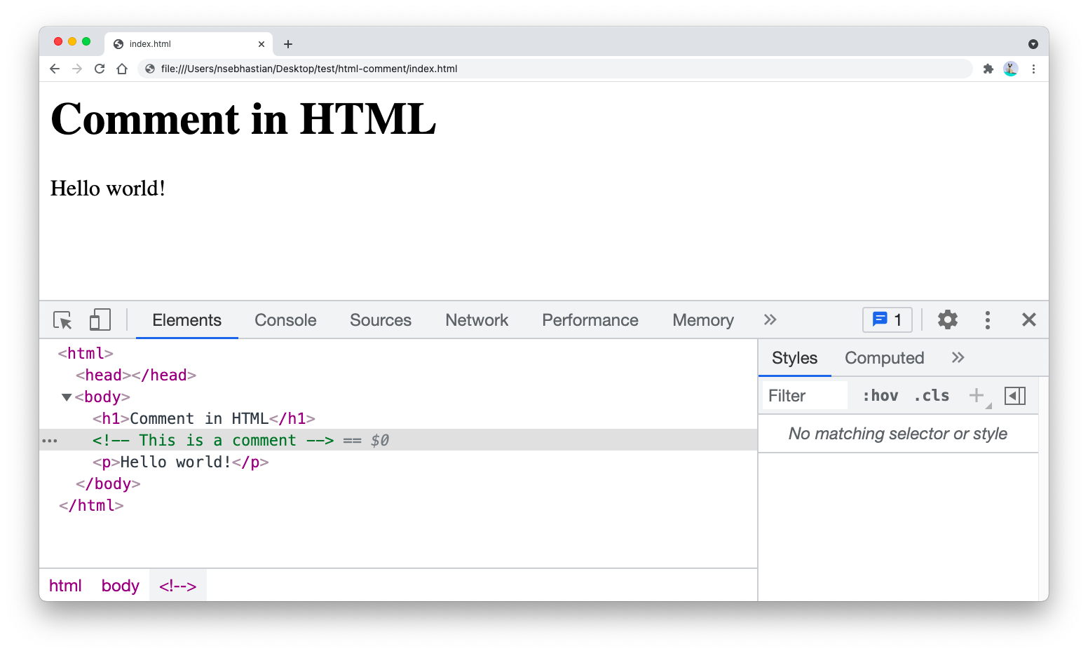 HTML comment in the developer console HTML comment in the developer console