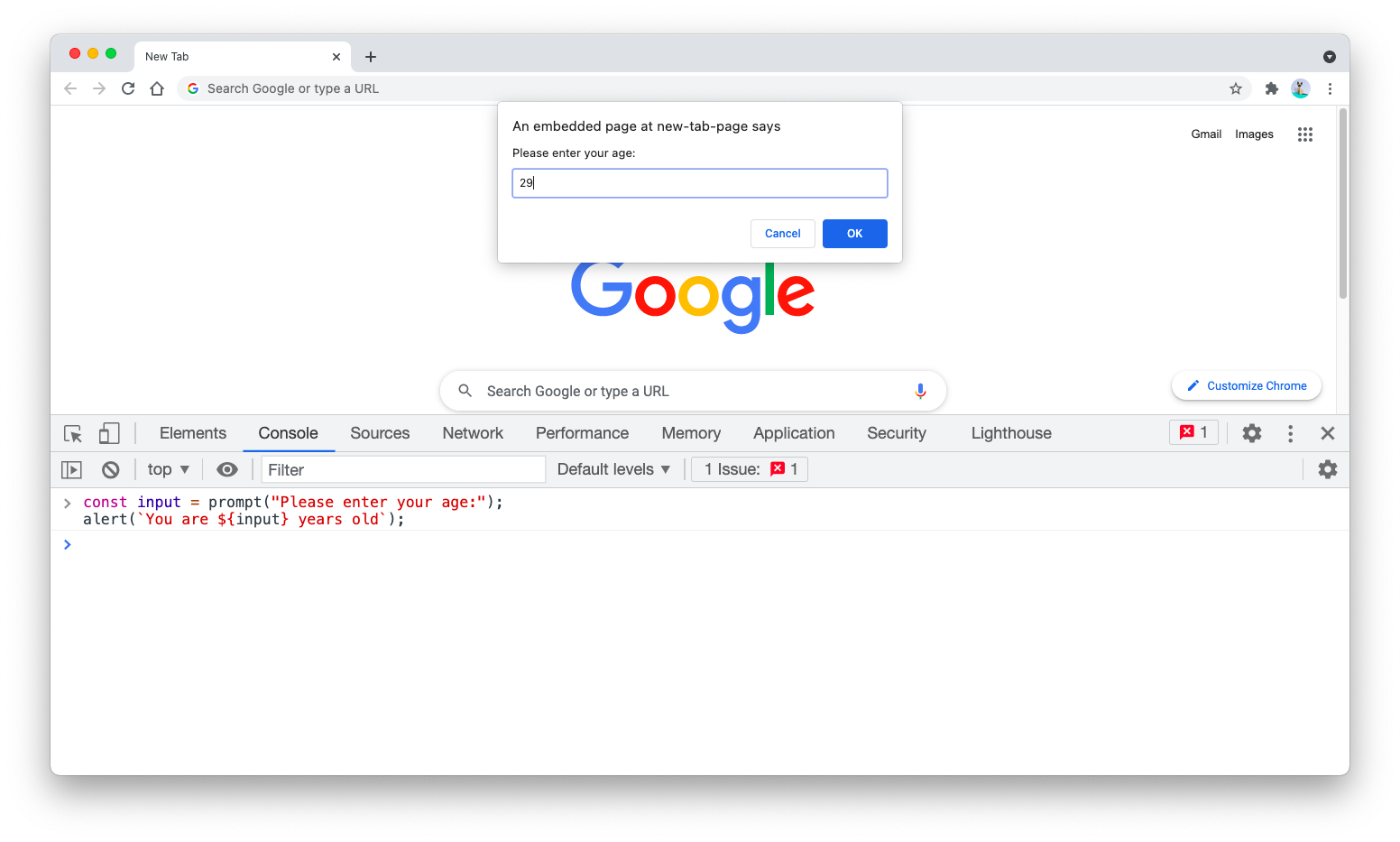 Browser prompt example Browser prompt example