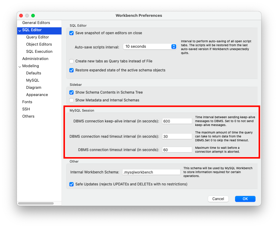 MySQL Workbench Mac timeout settings MySQL Workbench Mac timeout settings