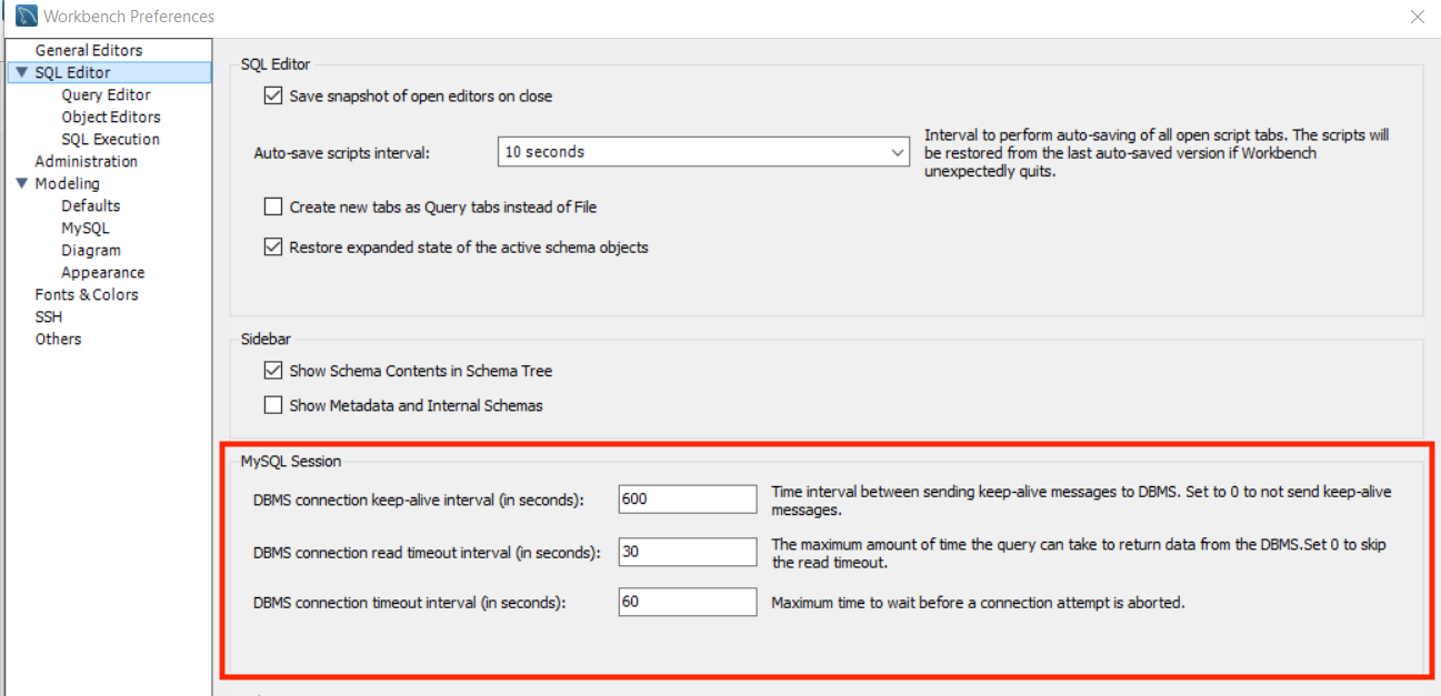 MySQL Workbench Windows timeout settings MySQL Workbench Windows timeout settings