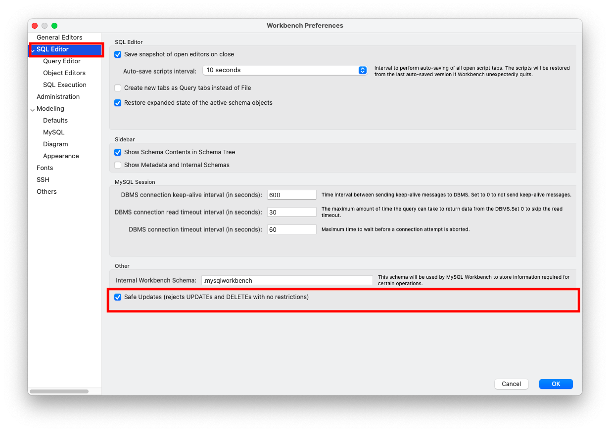 MySQL Workbench disabling safe updates MySQL Workbench disabling safe updates