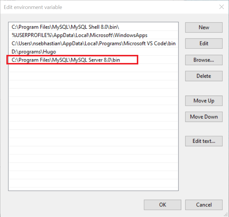 Adding the MySQL executable folder location to Path variable Adding the MySQL executable folder location to Path variable