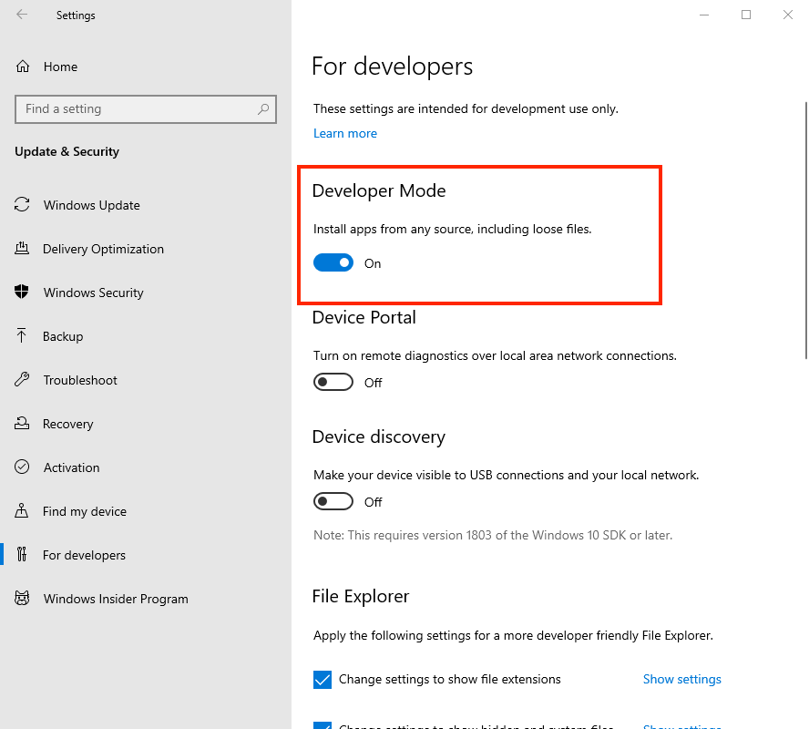 Windows 10 Developer Mode latest version Windows 10 Developer Mode latest version
