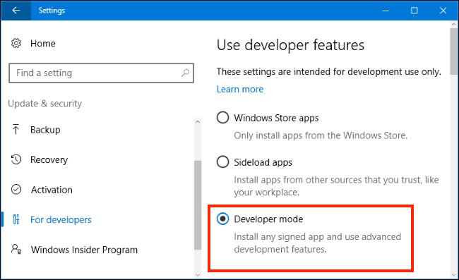 Windows 10 Developer Mode setting Windows 10 Developer Mode setting