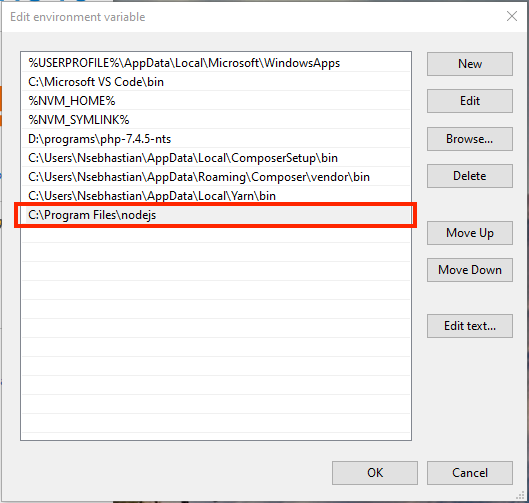 Adding the Node executable folder location to Path variable Adding the Node executable folder location to Path variable