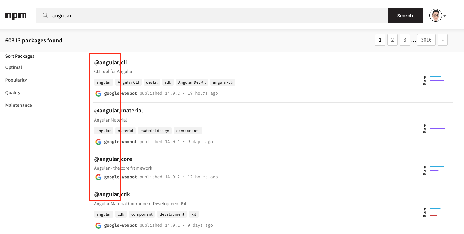 Although public, the Angular packages are scoped under @angular Although public, the Angular packages are scoped under @angular