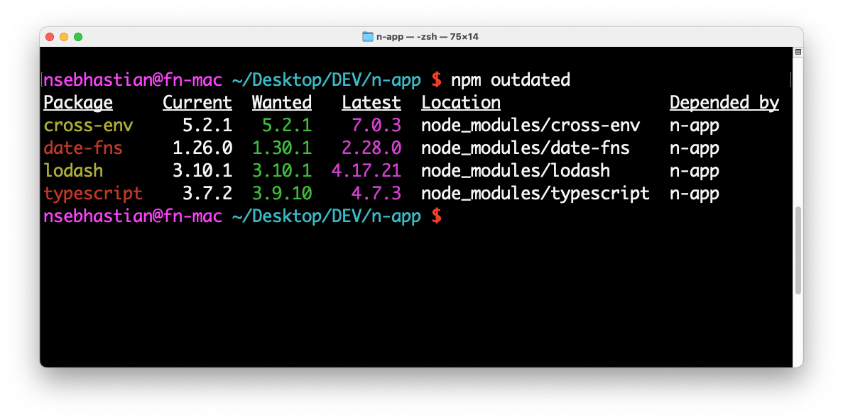 npm outdated packages info npm outdated packages info
