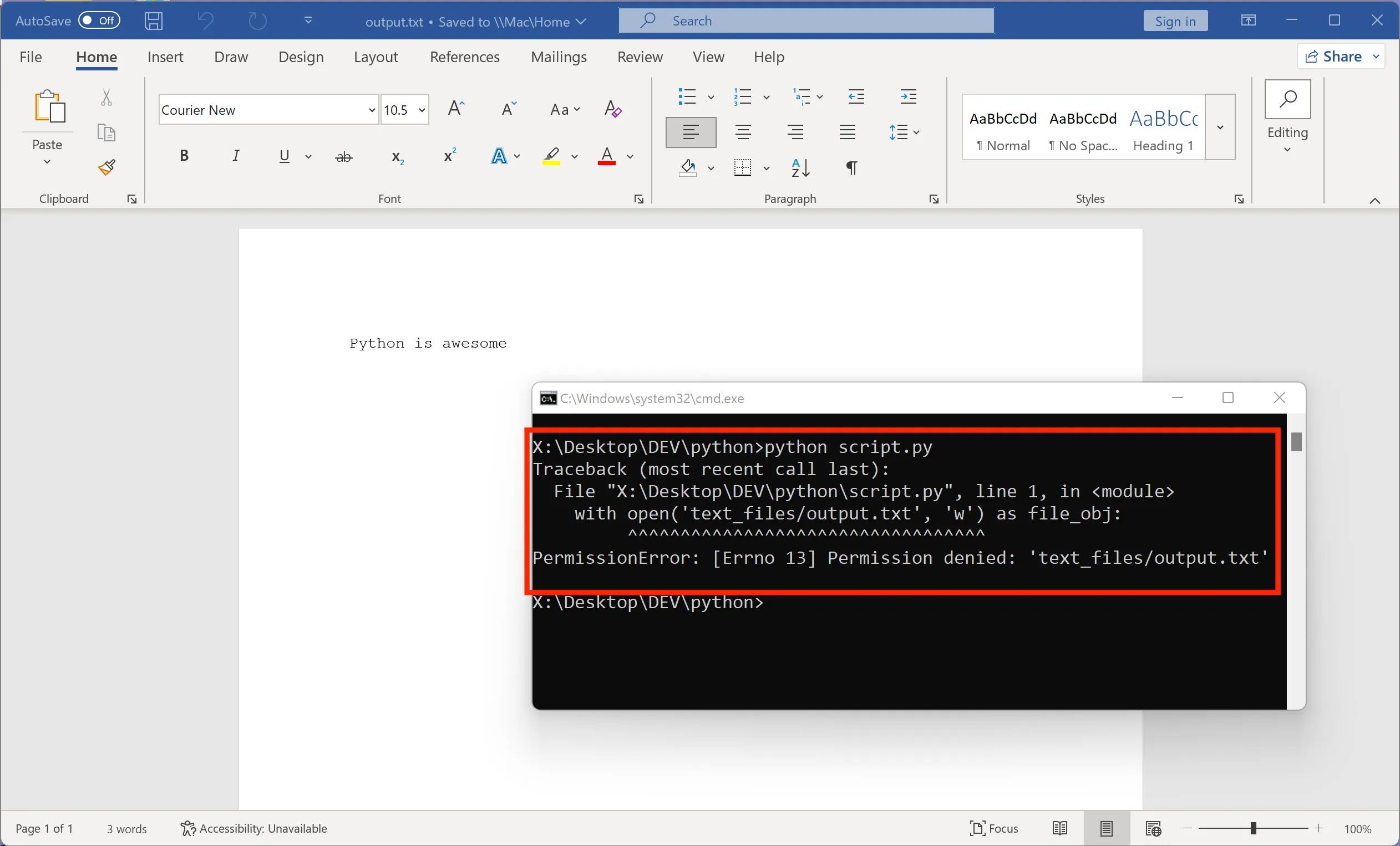 Permission denied in Python because file opened in Word Permission denied in Python because file opened in Word