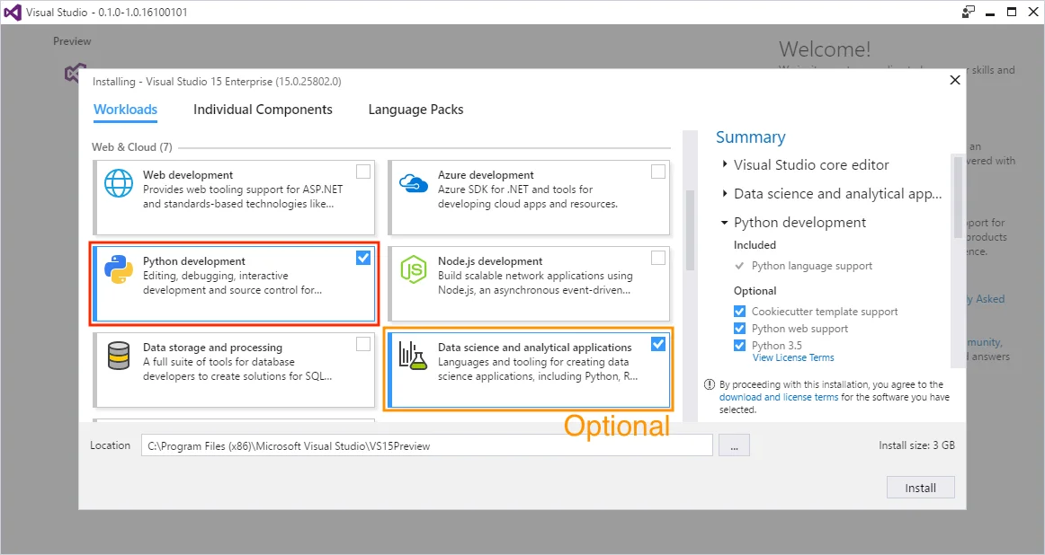 Visual Studio activate Python workload Visual Studio activate Python workload
