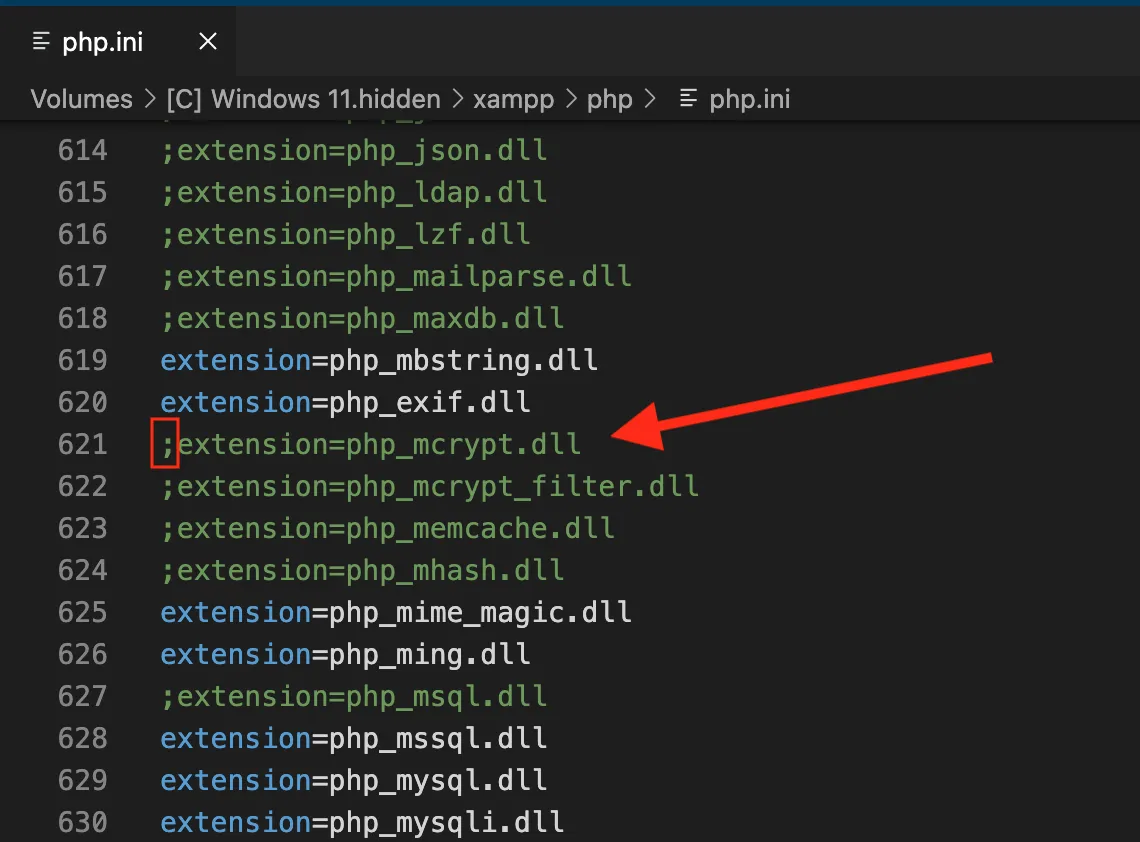 Remove the semicolon to enable mcrypt Remove the semicolon to enable mcrypt