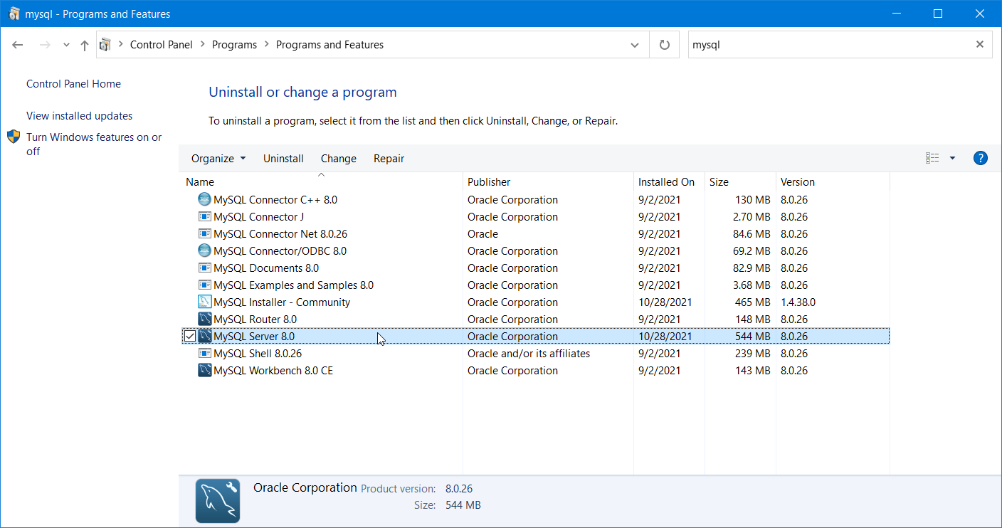 Uninstall MySQL Server from the Control Panel Uninstall MySQL Server from the Control Panel