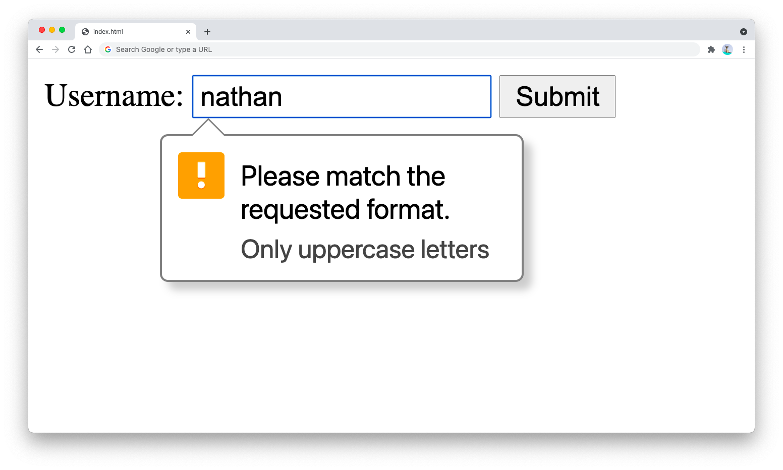 HTML showing pattern error message for uppercase only HTML showing pattern error message for uppercase only